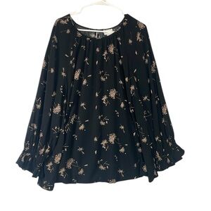 Ava & Viv Floral Black Blouse shirt keyhole back boatneck balloon sleeve boho
